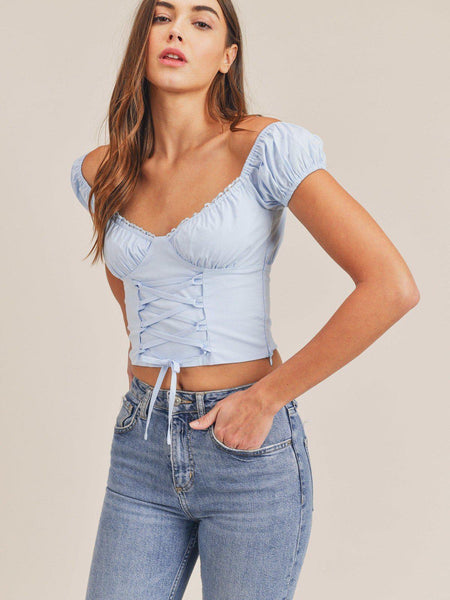 Solid Color Cotton Adjustable Tie Up Crop Top in Light Blue : UNJ1884